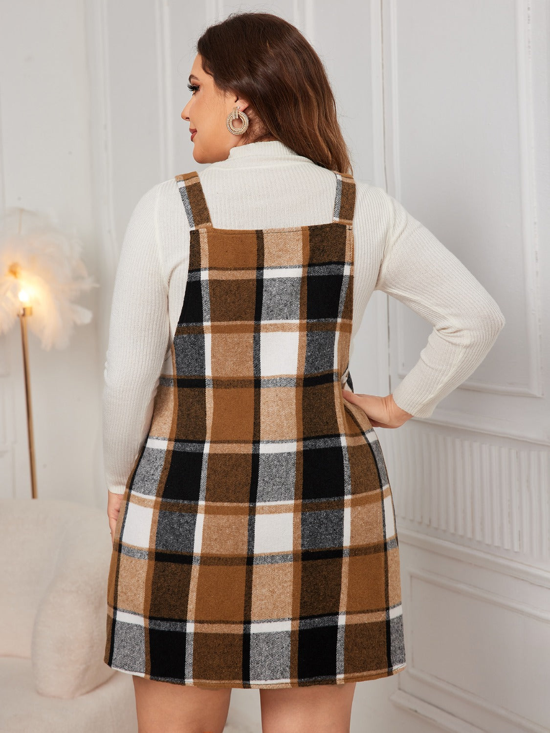 Honey Plus Size Plaid Wide Strap Overall Dress - Design Studios Direct