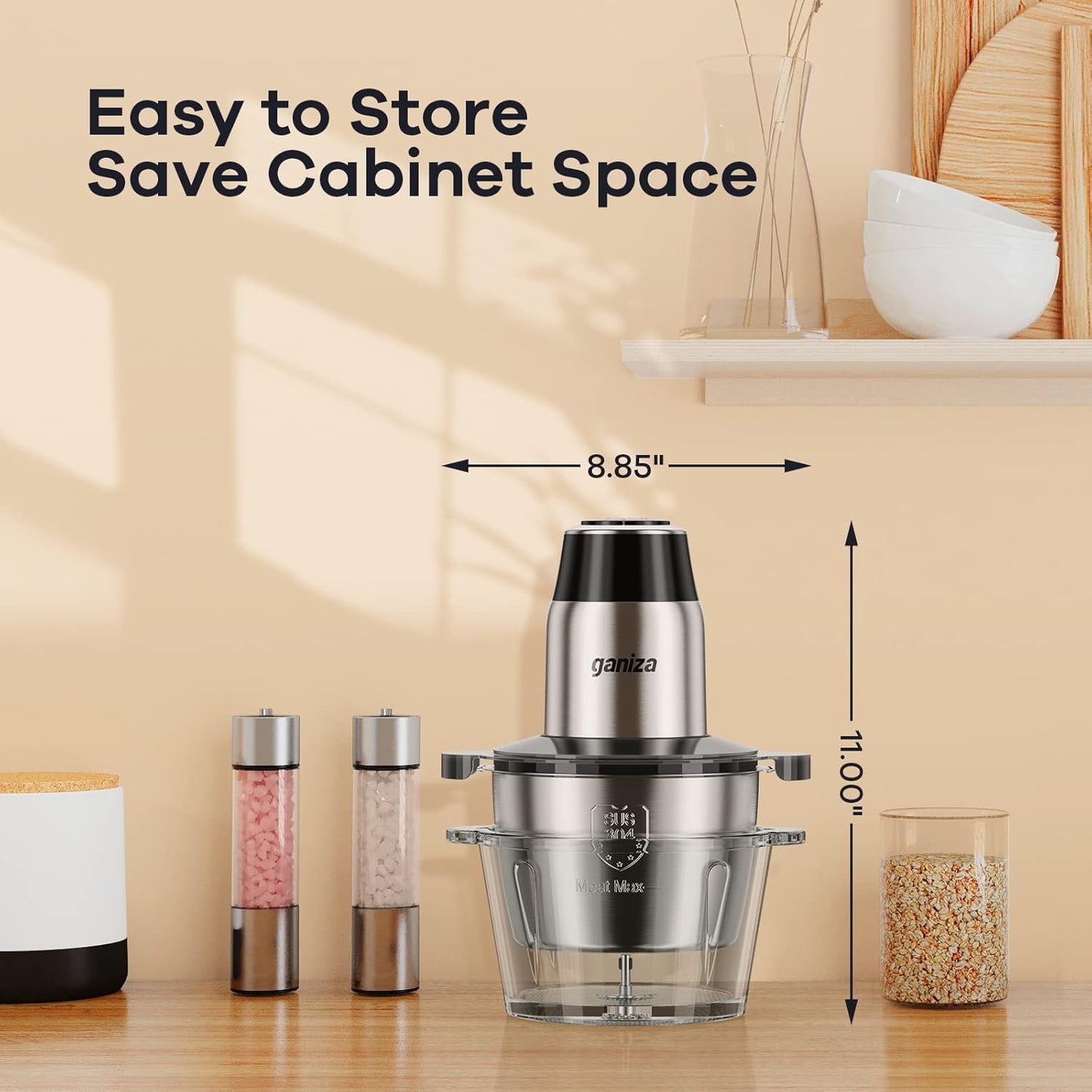 Food Processors, Electric Food Chopper with Meat Grinder & Vegetable Chopper - 2 Bowls (8 Cup+8 Cup) with Powerful 450W Copper Motor - Includes 2 Sets of Bi-Level Blades for Fruits/Meat/Nuts - Design Studios Direct