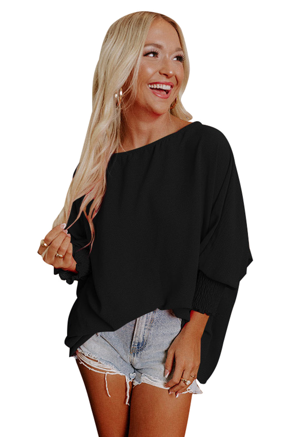 Black Smocked Wrist Shift Top - Design Studios Direct