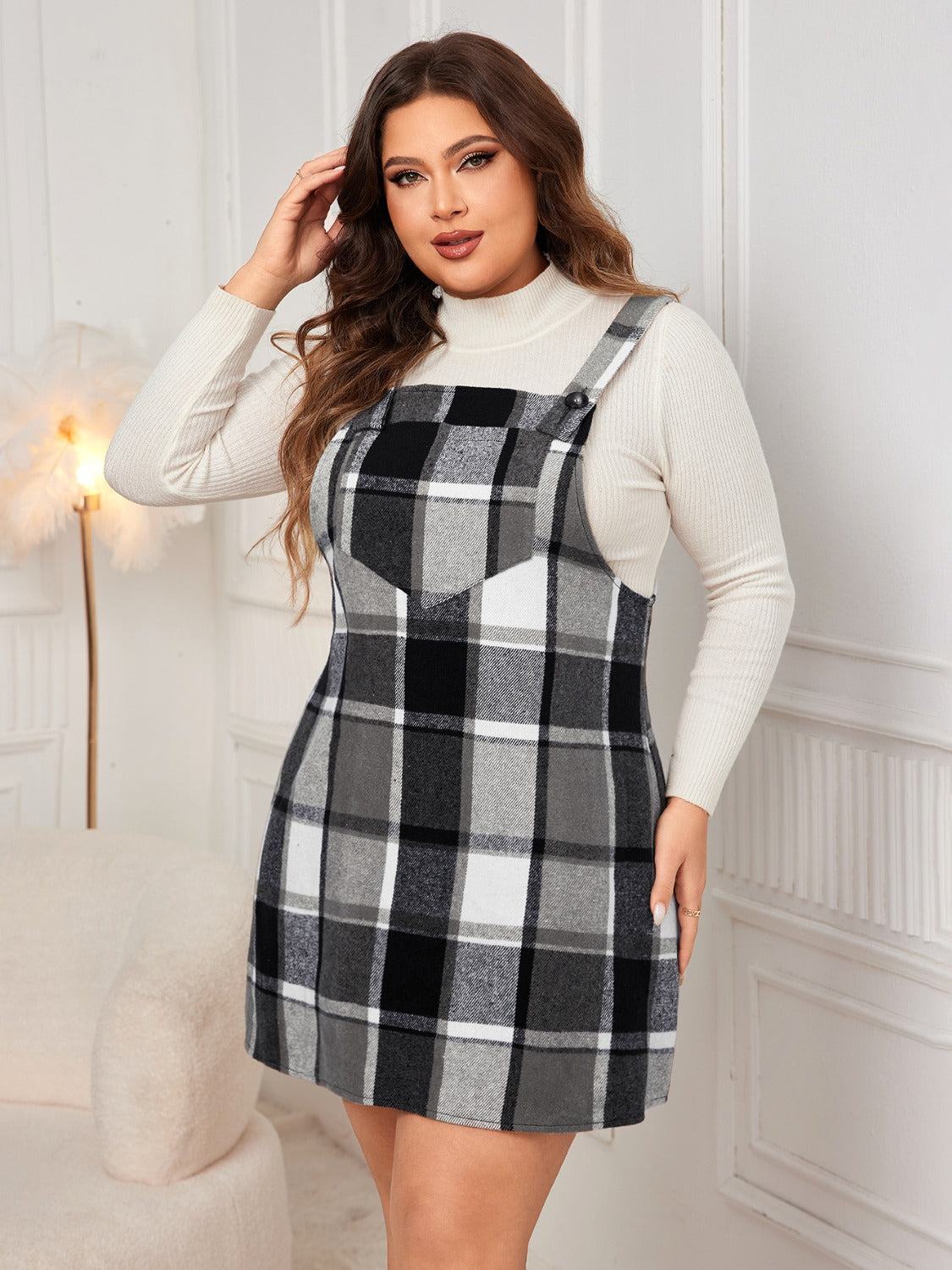 Honey Plus Size Plaid Wide Strap Overall Dress - Design Studios Direct