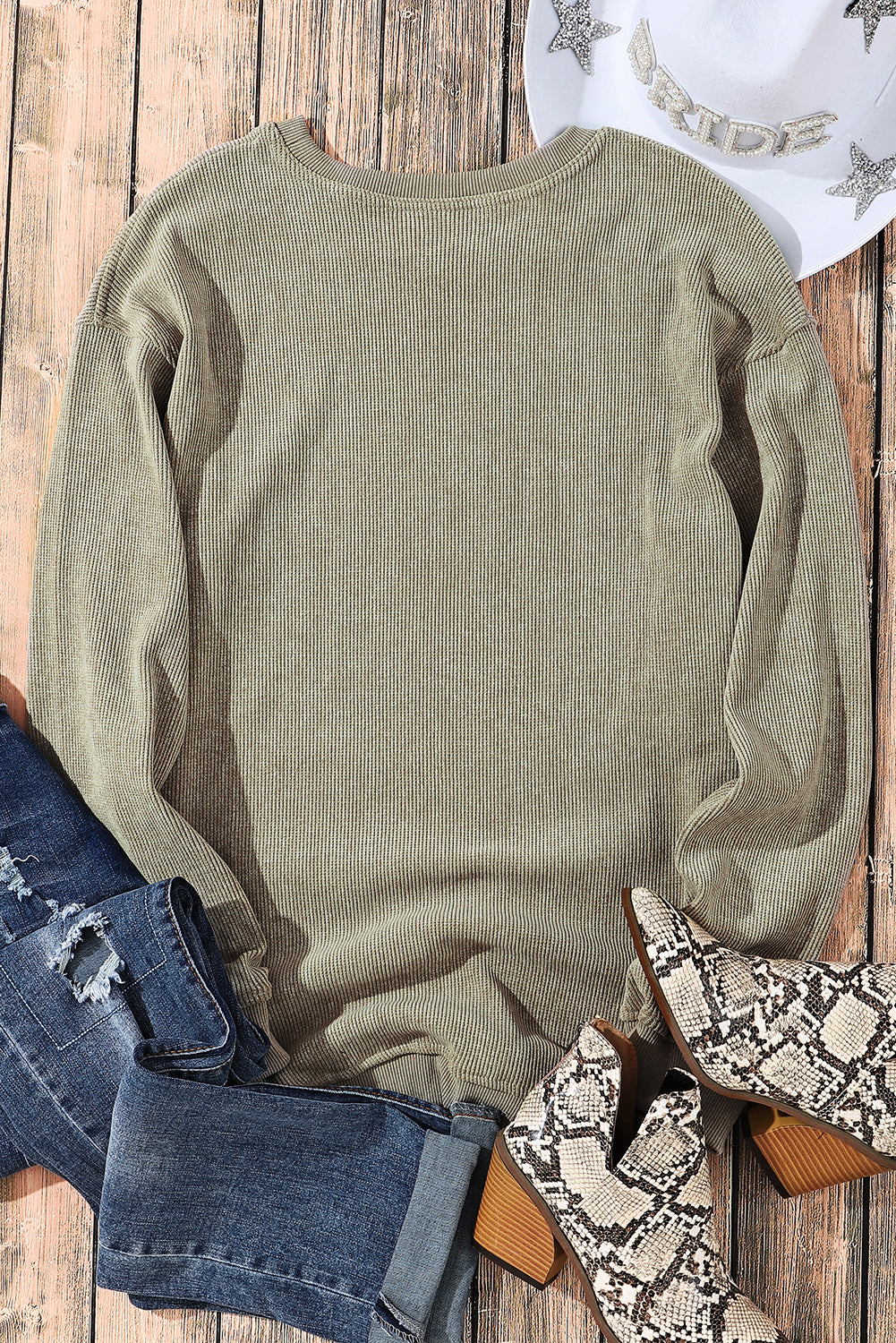 Green Solid Ribbed Knit Round Neck Pullover Sweatshirt - Design Studios Direct
