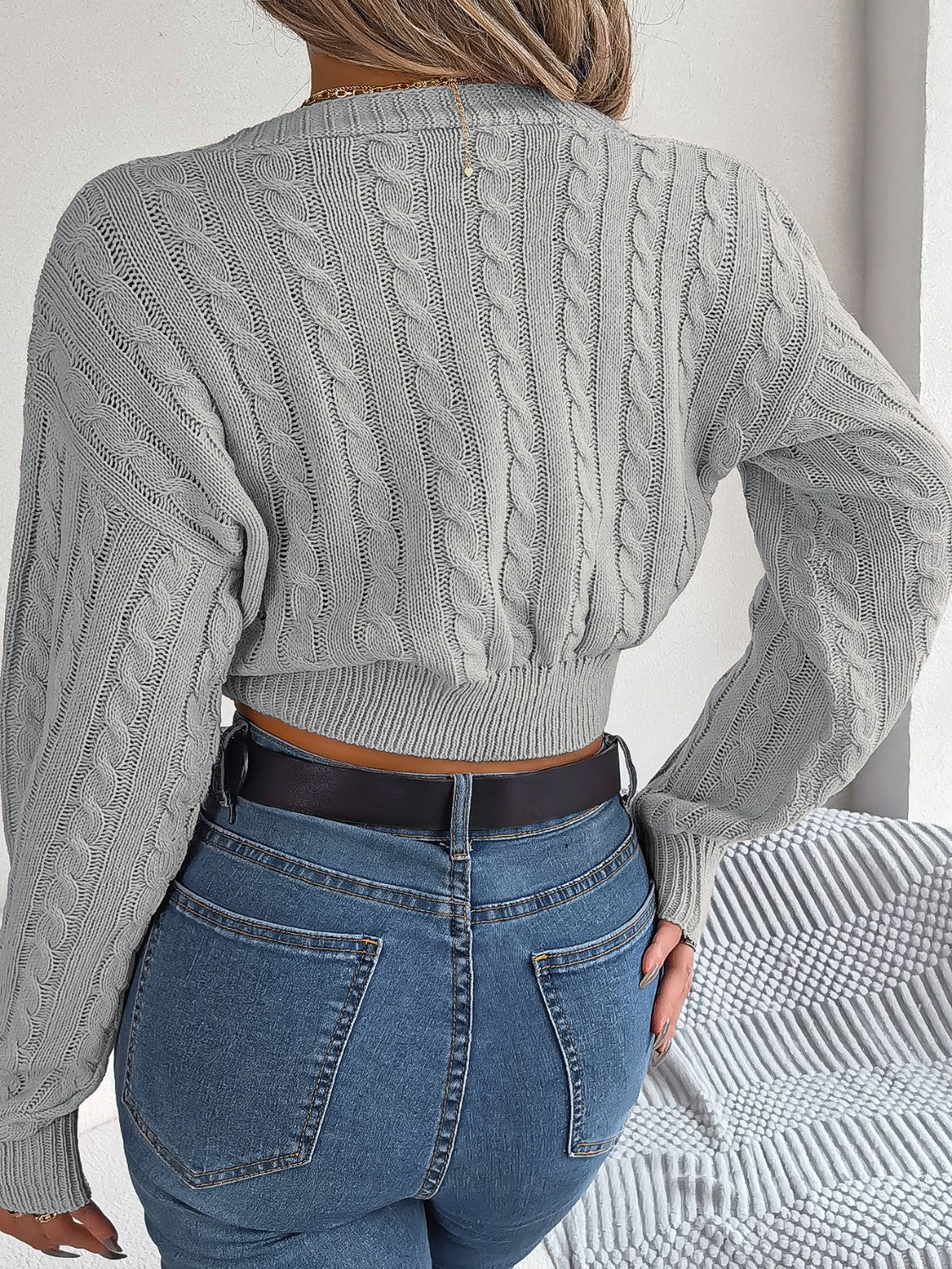 Twisted Cable-Knit V-Neck Sweater - Design Studios Direct