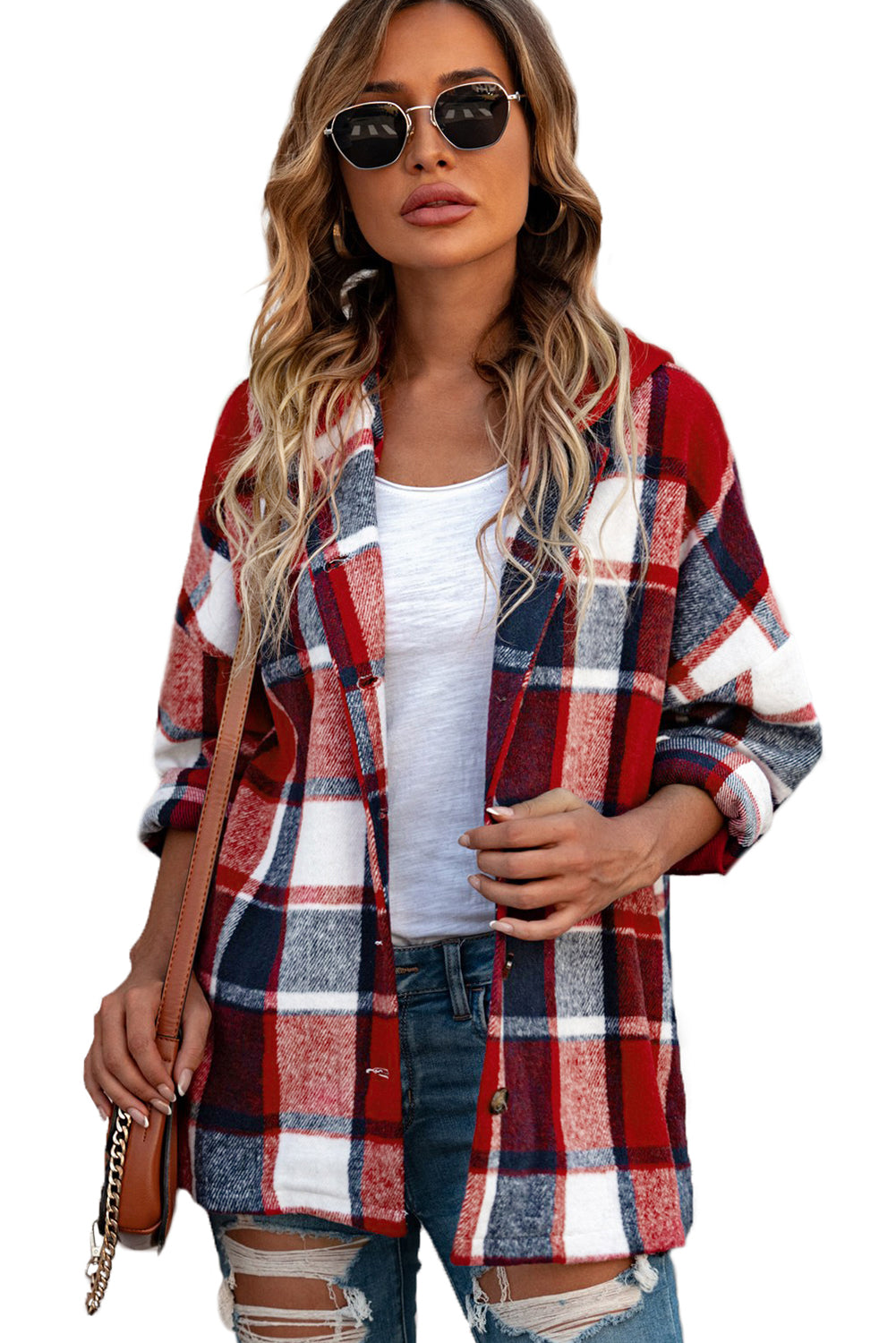 Fiery Red Hooded Plaid Button Front Shacket - Design Studios Direct