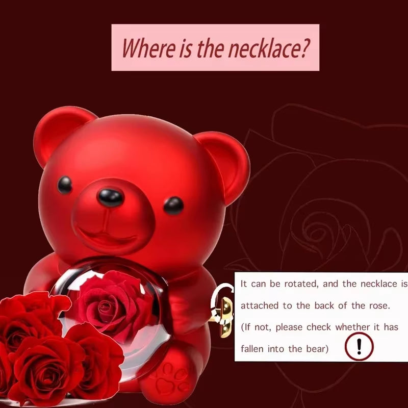 Eternal Rose Teddy Bear Gifts Box with Necklace Rotate Rose Jewelry Box Valentine Wedding Storage Gift Case for Women Girlfriend - Design Studios Direct