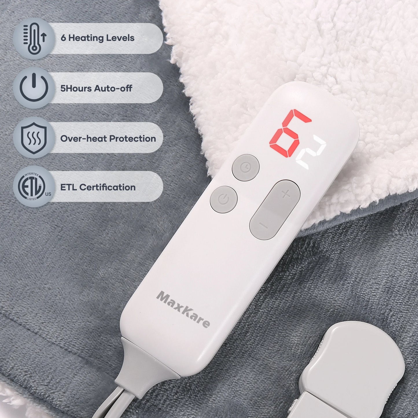 50" X 60" Electric Throw Blanket with 6 Heating Levels & 1-5H Auto-Off, Machine Washable Flannel & Sherpa, Gray & White - Design Studios Direct