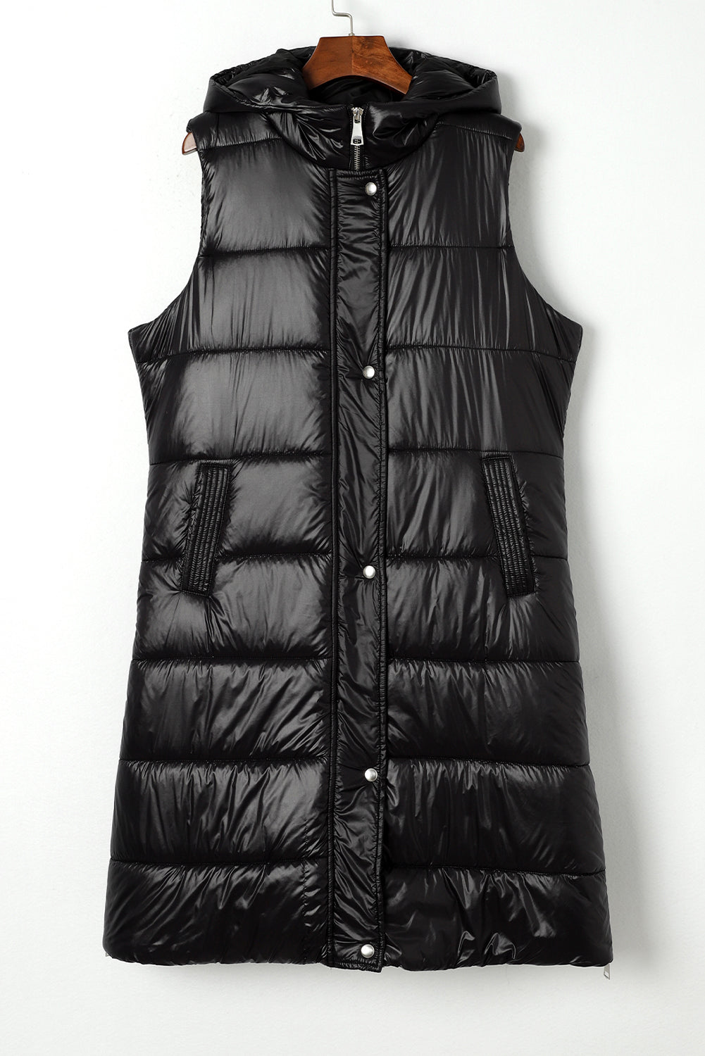 Black Hooded Long Quilted Vest Coat - Design Studios Direct