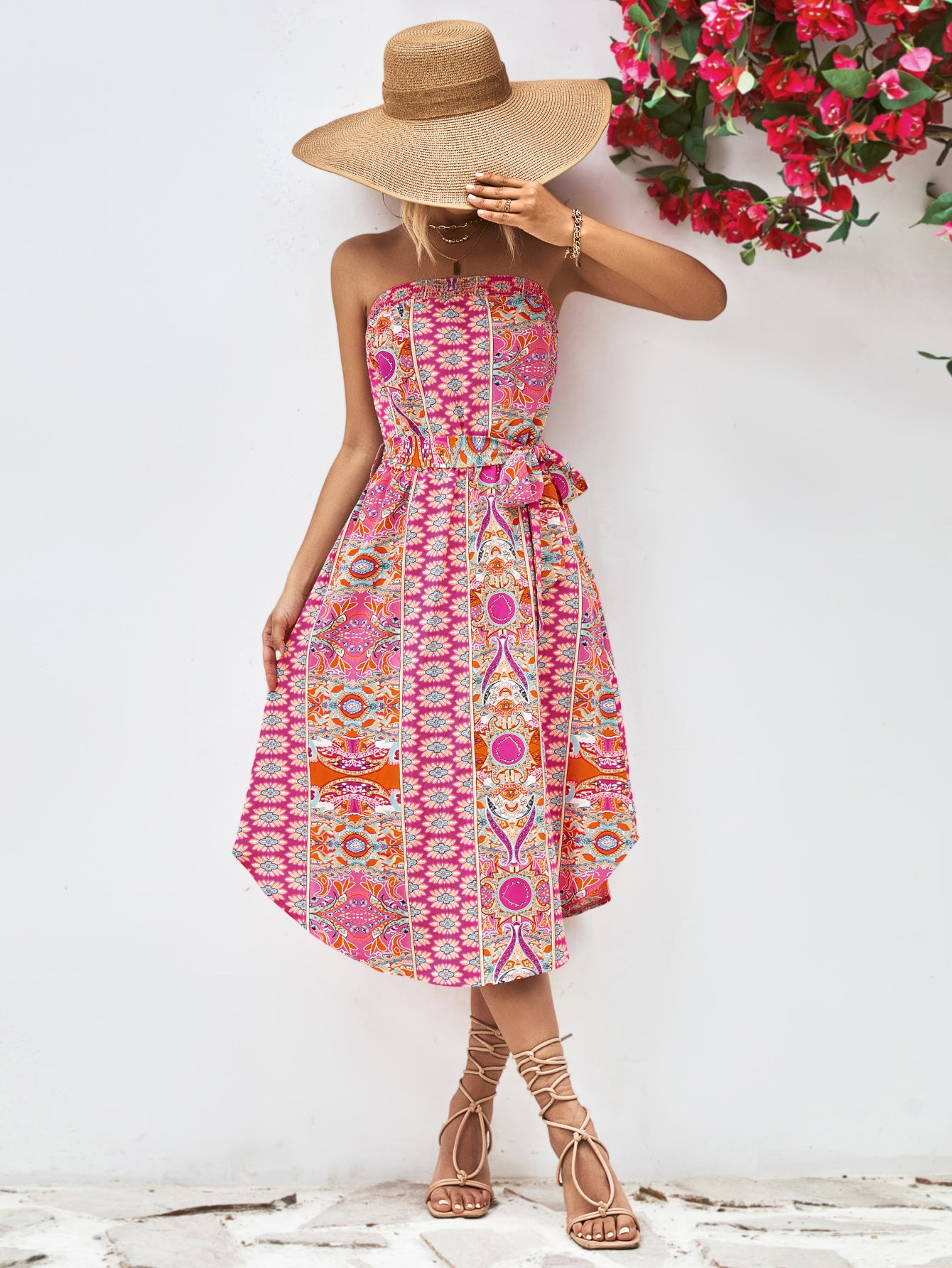 Printed Strapless Tie Belt Dress - Design Studios Direct