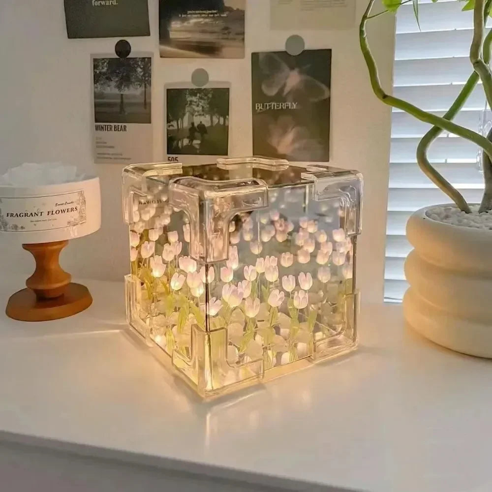 Creative Diy Tulip Flower Sea Cube Three-Dimensional Small Night Lamp Material Package for Girlfriend Couple Girlfriends - Design Studios Direct