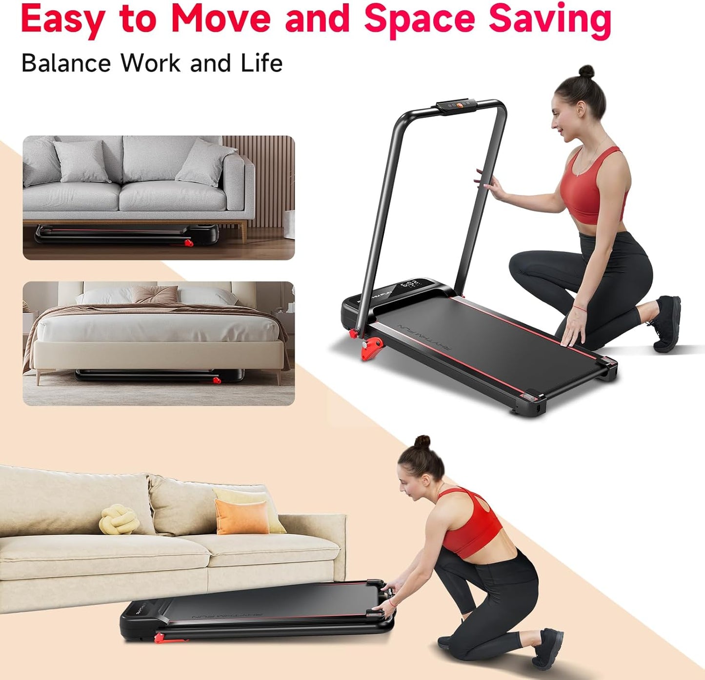 Incline Foldable Treadmill, Walking Pad with Handle Bar 3 Level Incline, 300 Lbs Portable Treadmill for Home Office, under Desk Compact Treadmill with LED Display Remote Control & APP - Design Studios Direct