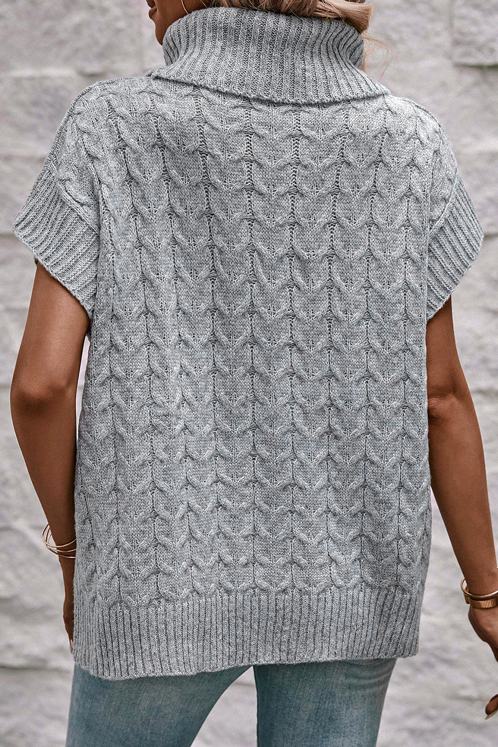 Grey Cable Knit Turtleneck Batwing Sleeve Sweater - Design Studios Direct