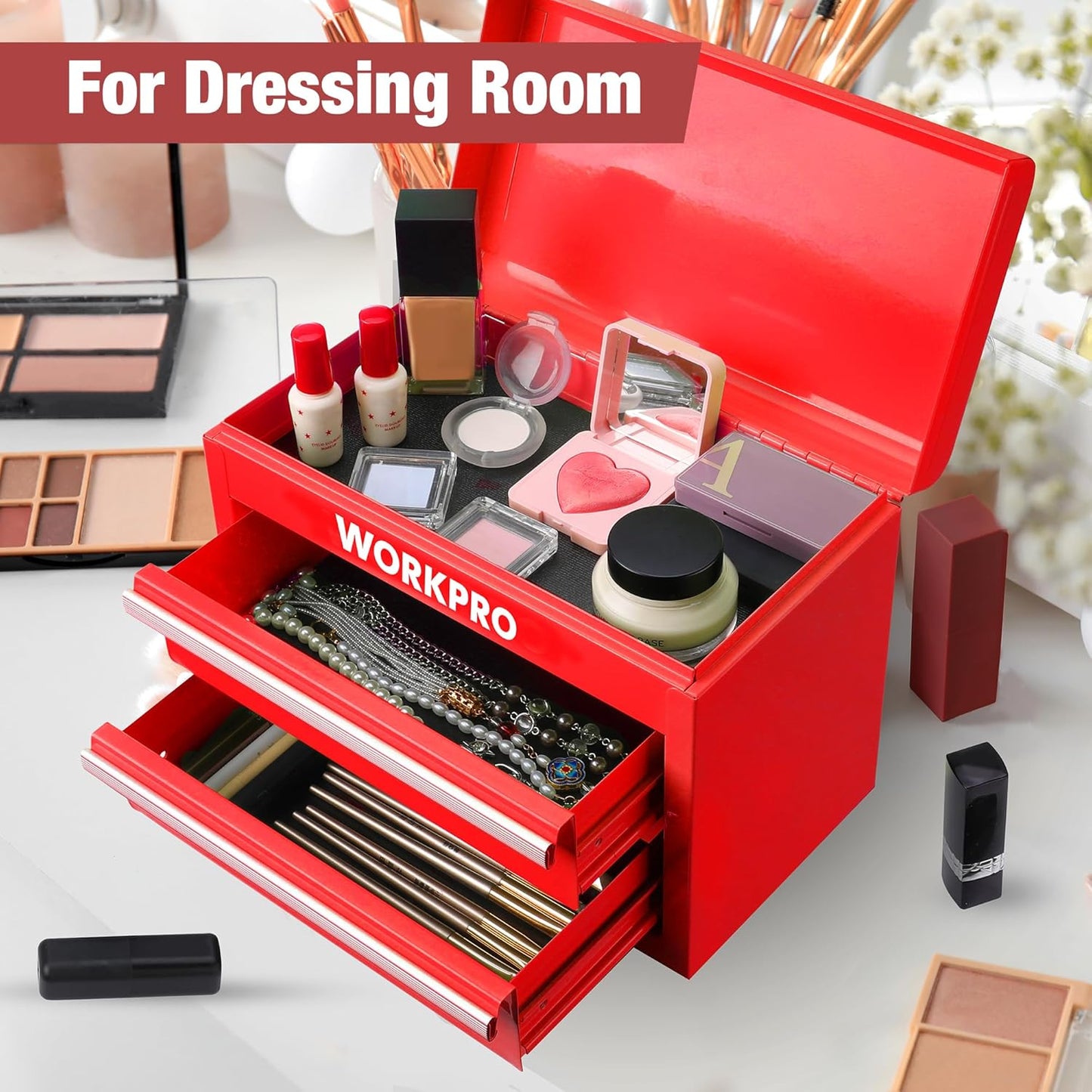 Mini Metal Tool Box with 2 Drawers and Top Storage, Small Tool Chest with PVC Liners and PP Feet Pads, Cold Rolled Steel Toolbox with Magnetic Tab - Design Studios Direct