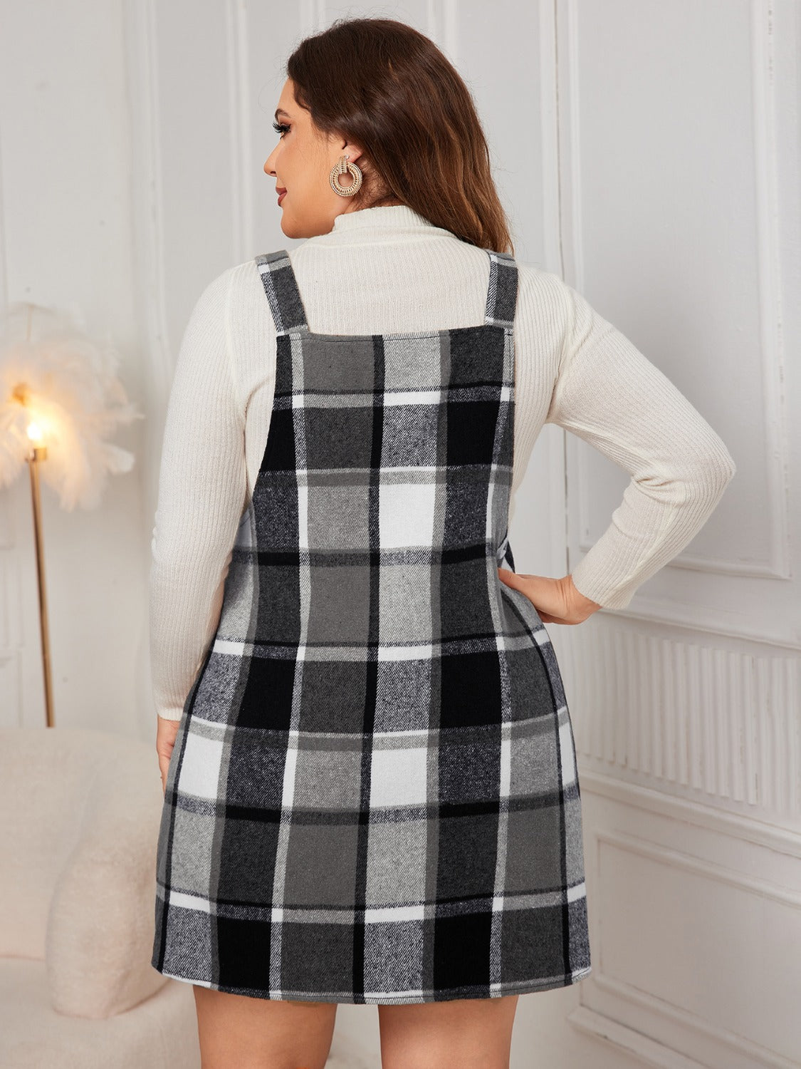 Honey Plus Size Plaid Wide Strap Overall Dress - Design Studios Direct