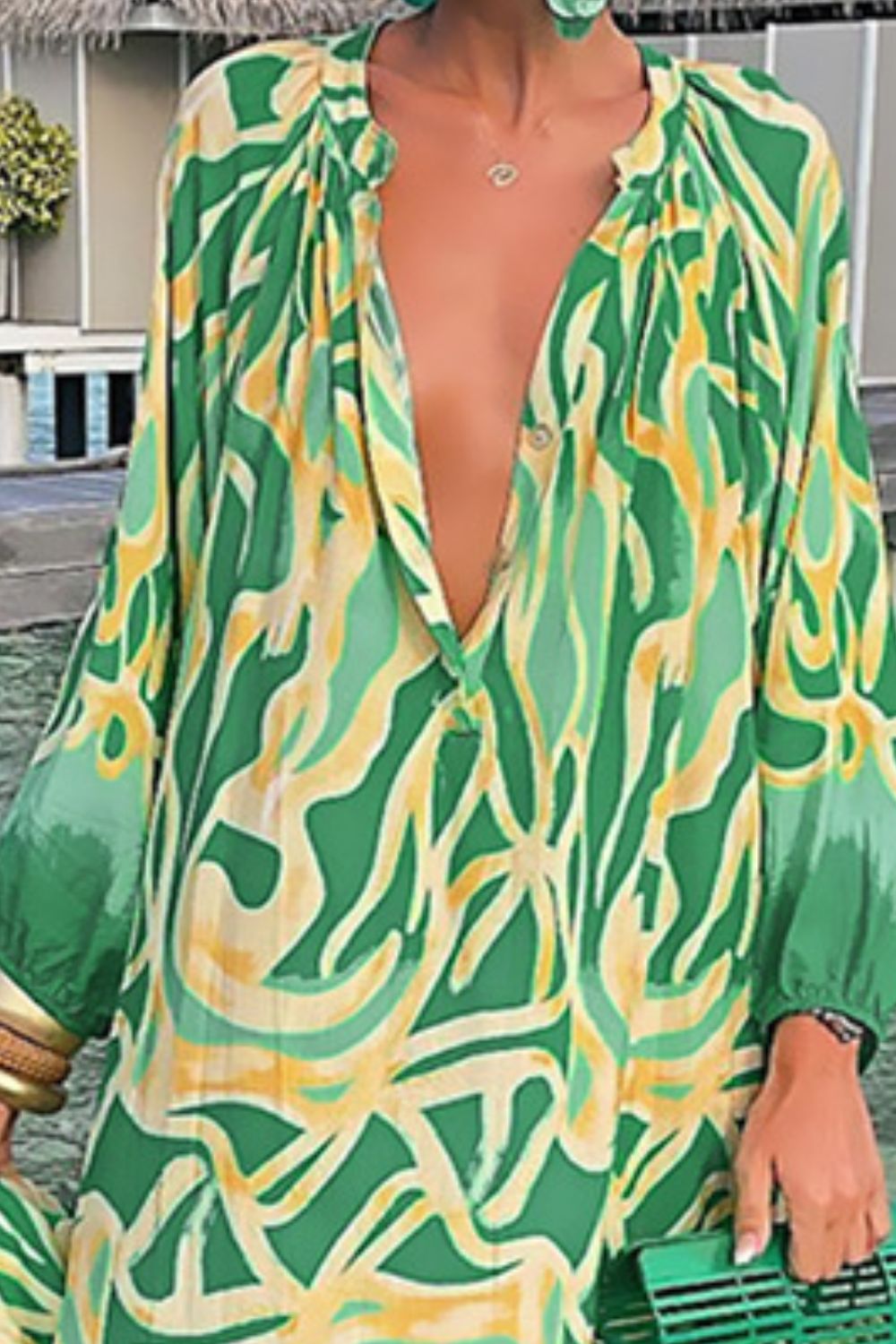 Abstract Print Buttoned Balloon Sleeve Dress - Design Studios Direct