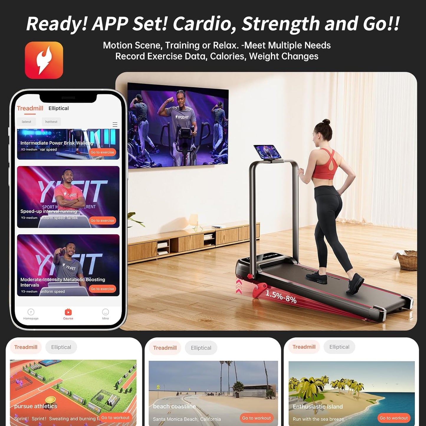 Incline Foldable Treadmill, Walking Pad with Handle Bar 3 Level Incline, 300 Lbs Portable Treadmill for Home Office, under Desk Compact Treadmill with LED Display Remote Control & APP - Design Studios Direct