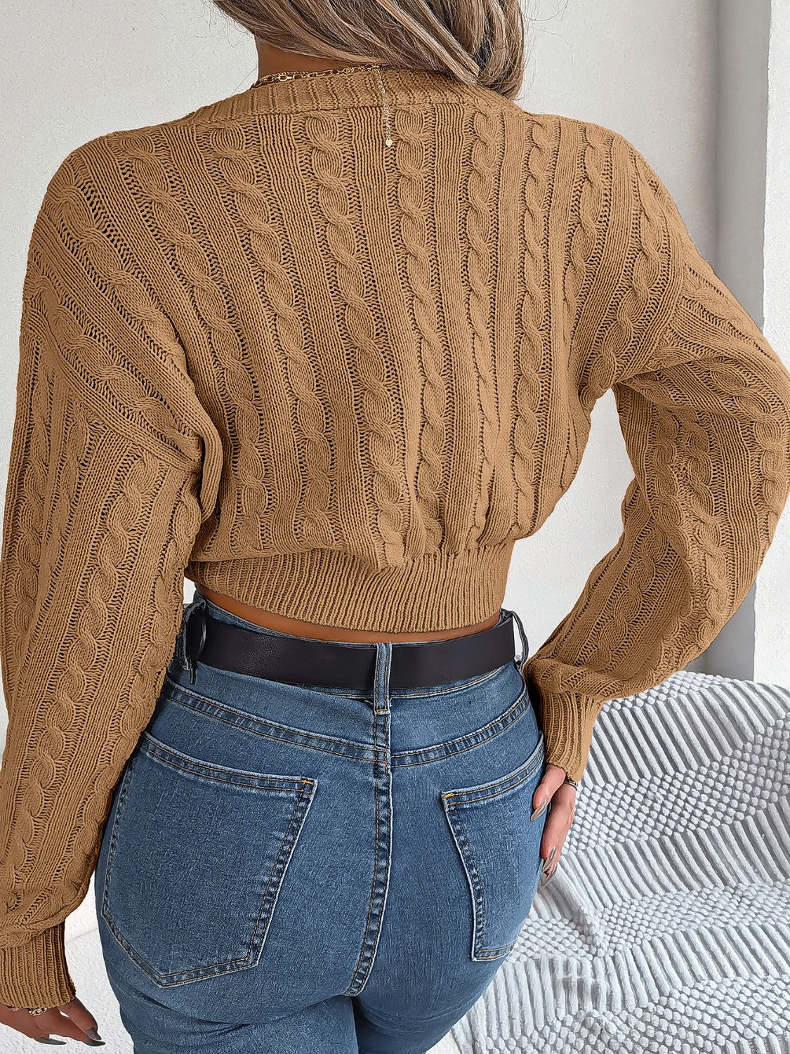 Twisted Cable-Knit V-Neck Sweater - Design Studios Direct