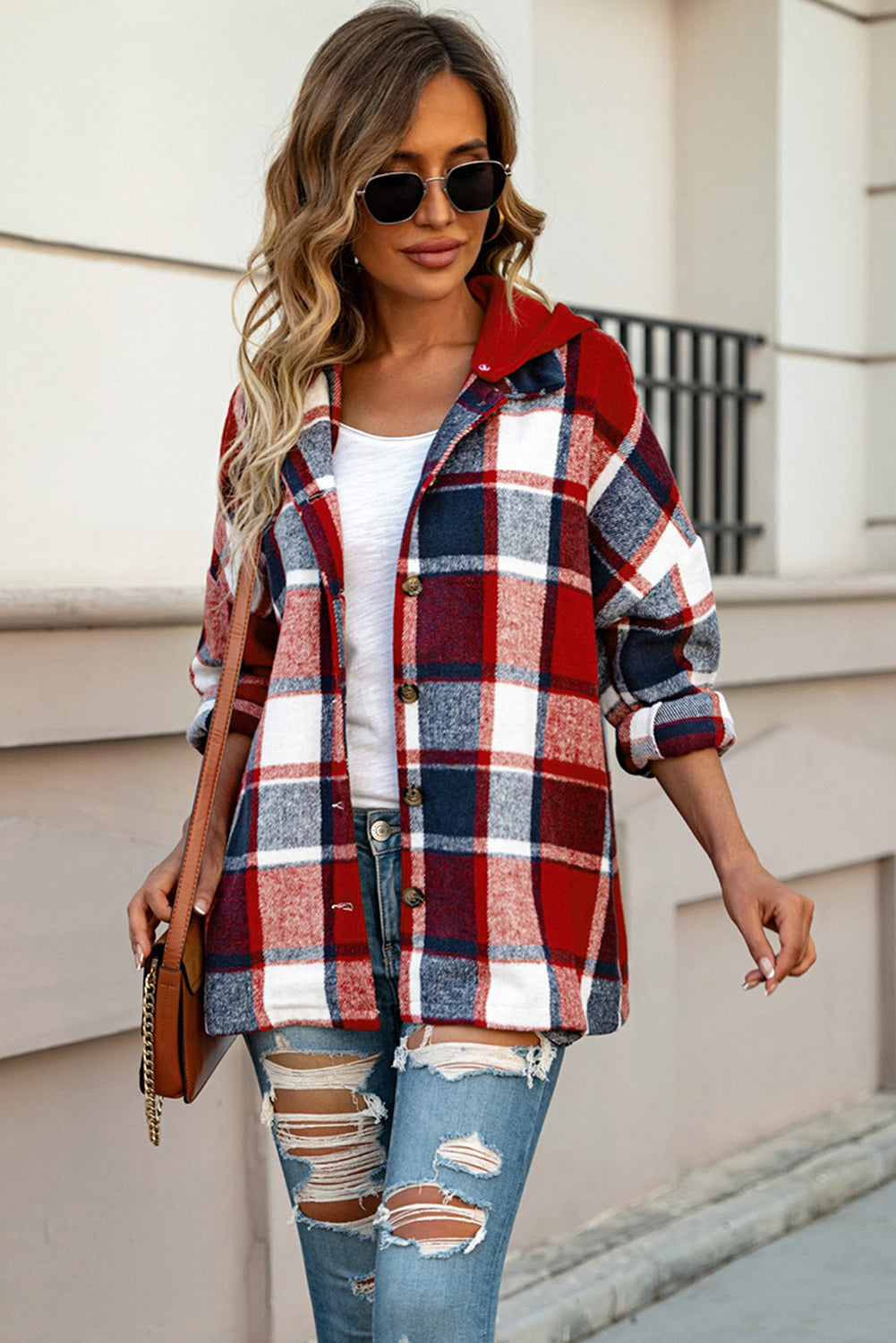 Fiery Red Hooded Plaid Button Front Shacket - Design Studios Direct