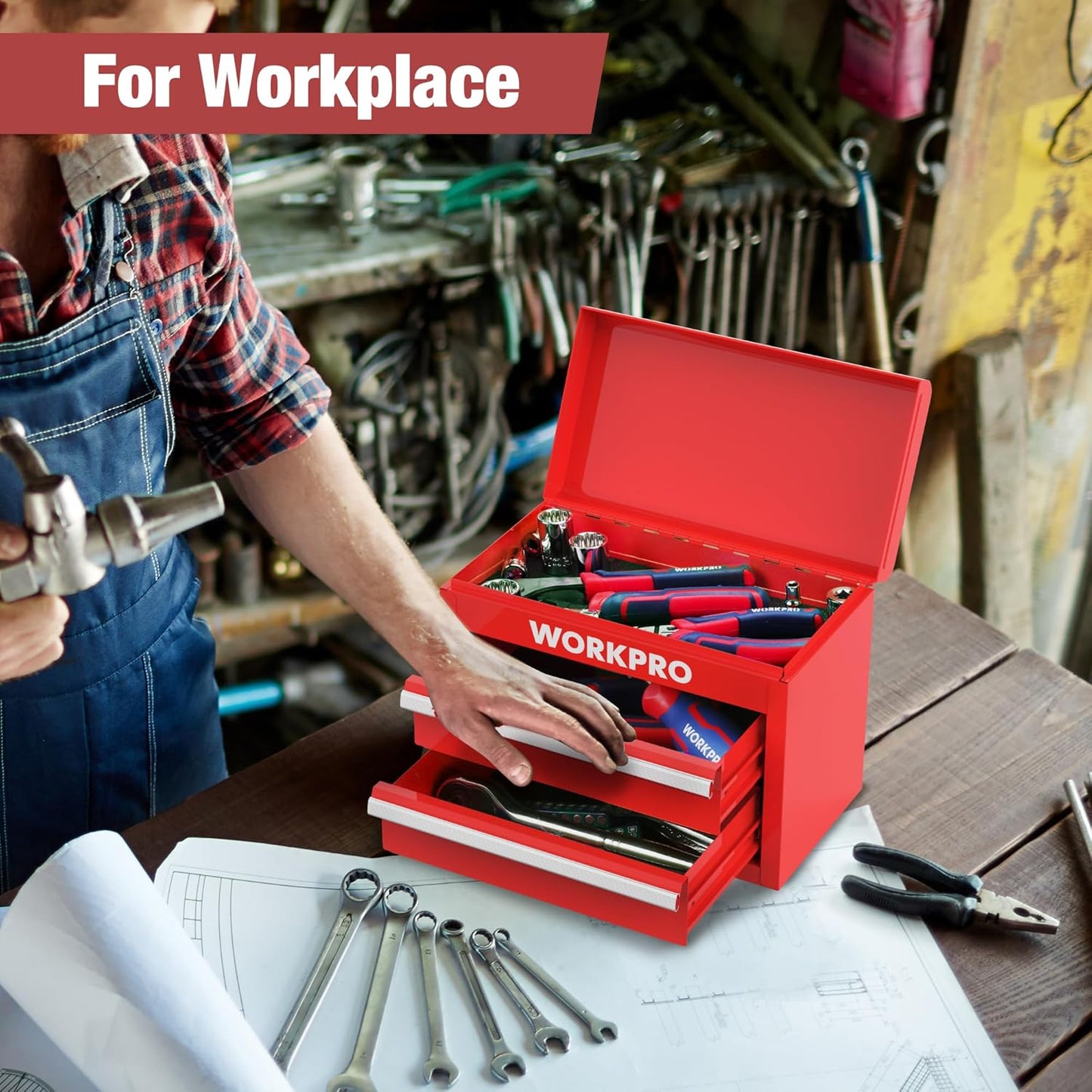 Mini Metal Tool Box with 2 Drawers and Top Storage, Small Tool Chest with PVC Liners and PP Feet Pads, Cold Rolled Steel Toolbox with Magnetic Tab - Design Studios Direct