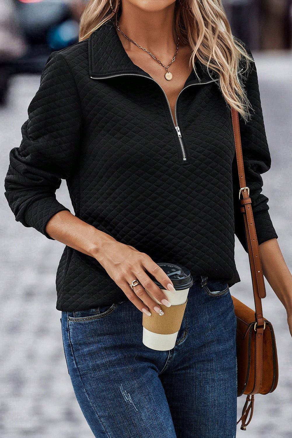 Black Solid Half Zipper Quilted Pullover Sweatshirt - Design Studios Direct