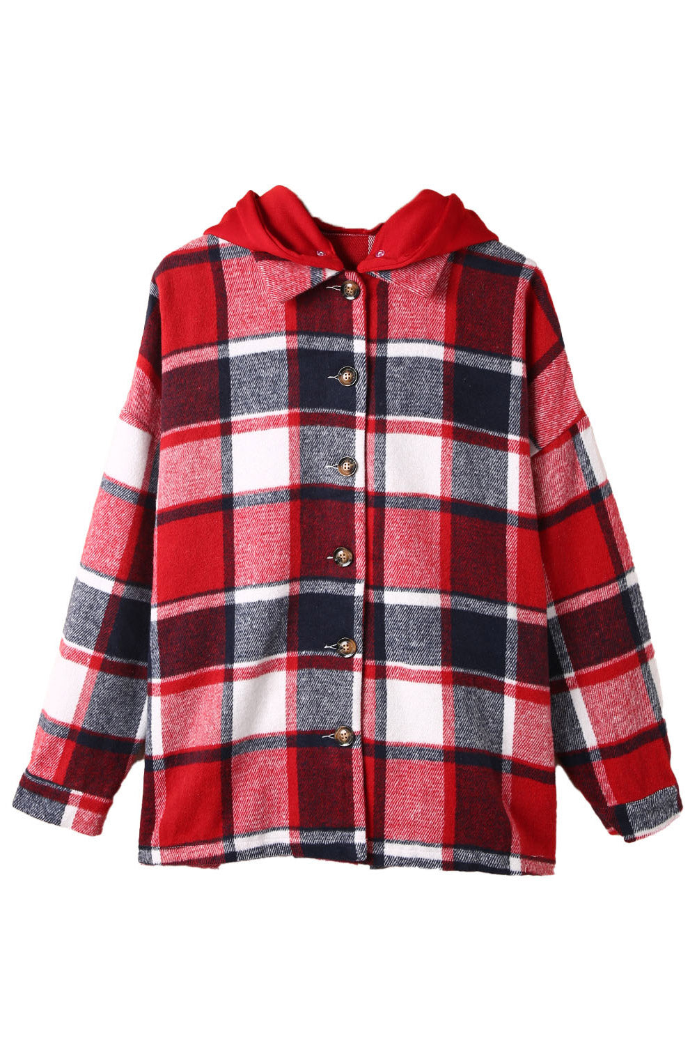 Fiery Red Hooded Plaid Button Front Shacket - Design Studios Direct