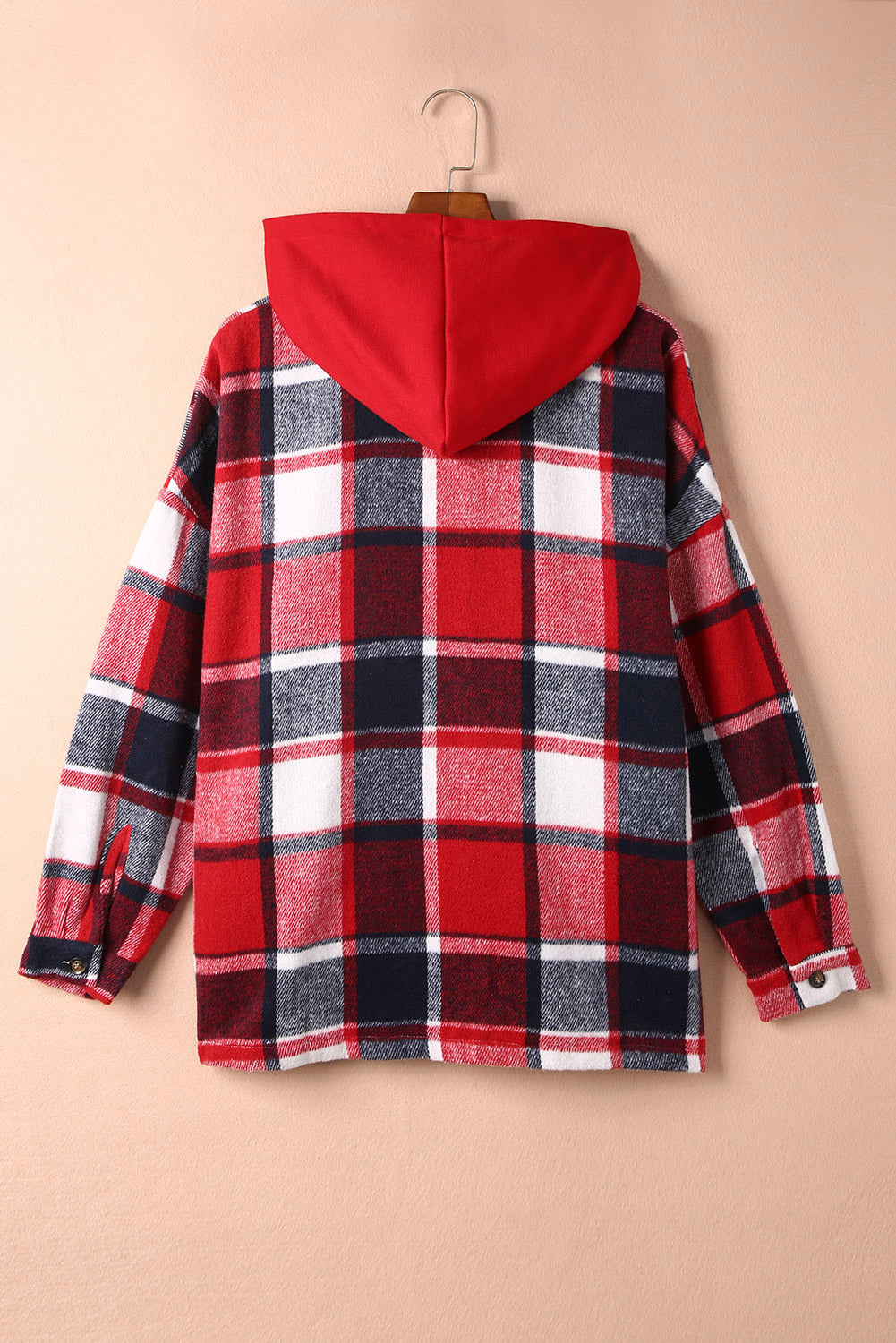 Fiery Red Hooded Plaid Button Front Shacket - Design Studios Direct