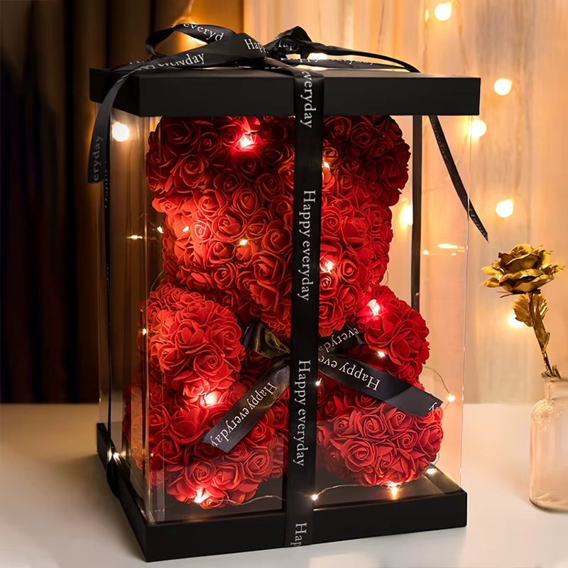 Rose Bear with Box Lights Valentine Gifts Decoration Artificial Flower Teddy Bear for Women/Girlfriend Love Flower Birthday Gift - Design Studios Direct