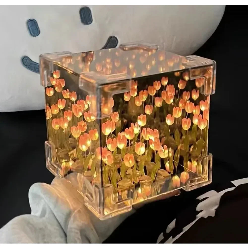 Creative Diy Tulip Flower Sea Cube Three-Dimensional Small Night Lamp Material Package for Girlfriend Couple Girlfriends - Design Studios Direct
