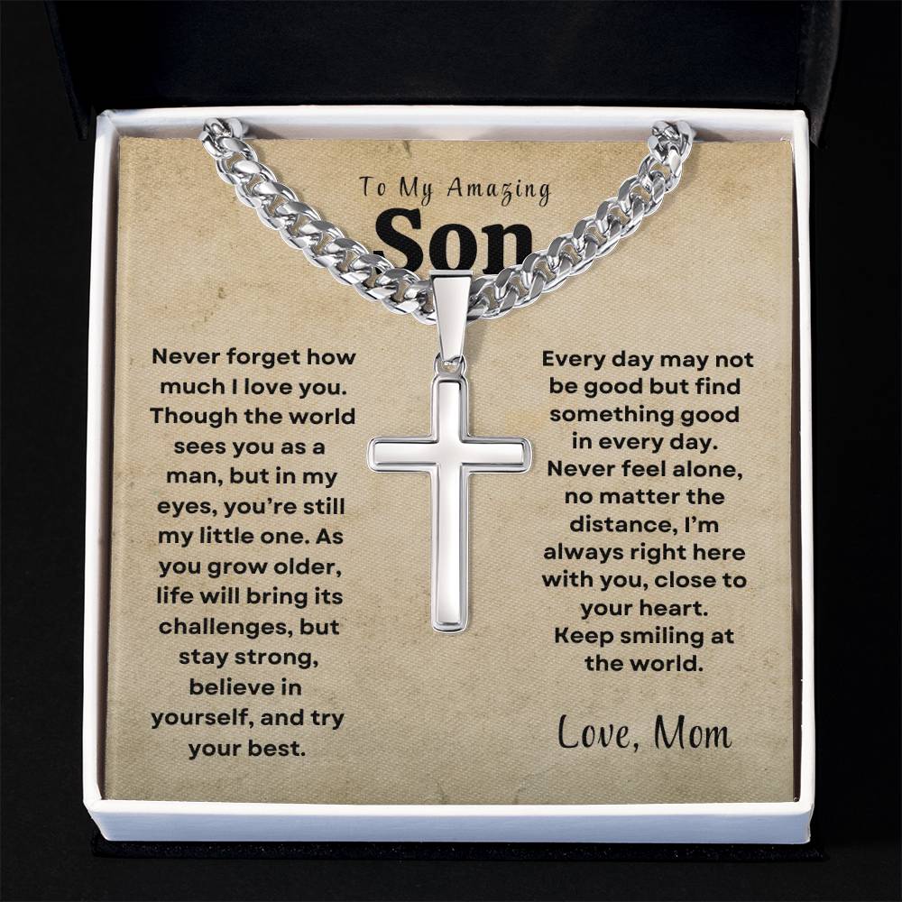 To My Amazing Son - Personalized Engraving Cuban Chain Cross Necklace - Design Studios Direct