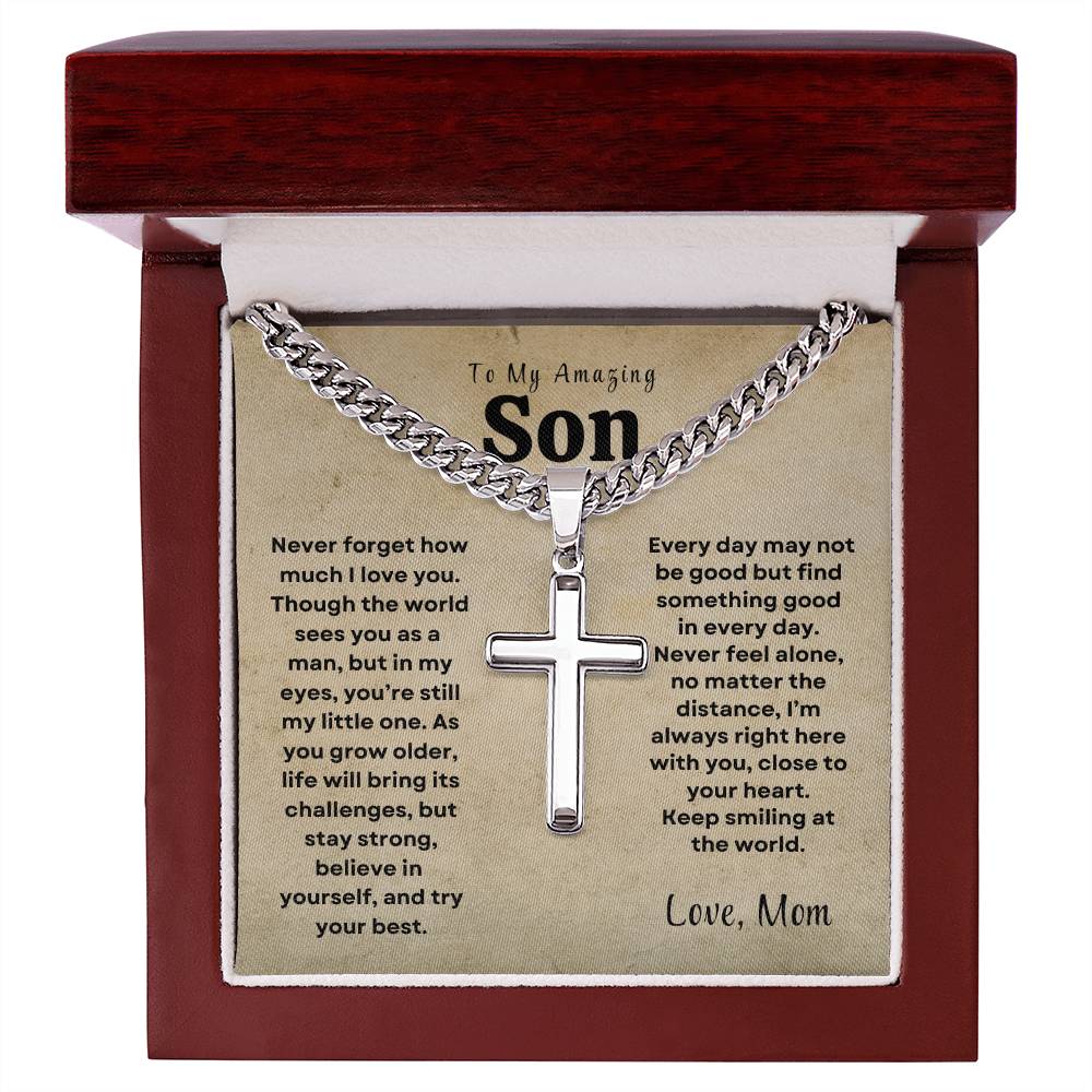 To My Amazing Son - Personalized Engraving Cuban Chain Cross Necklace - Design Studios Direct