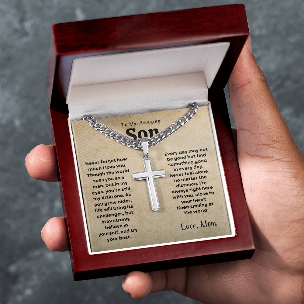 To My Amazing Son - Personalized Engraving Cuban Chain Cross Necklace