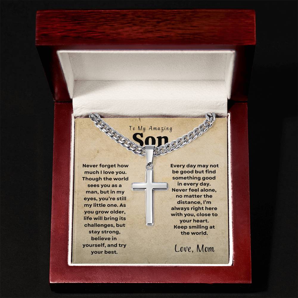 To My Amazing Son - Personalized Engraving Cuban Chain Cross Necklace