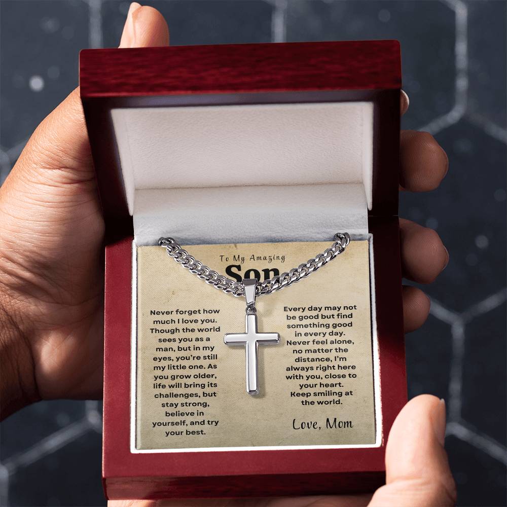 To My Amazing Son - Personalized Engraving Cuban Chain Cross Necklace