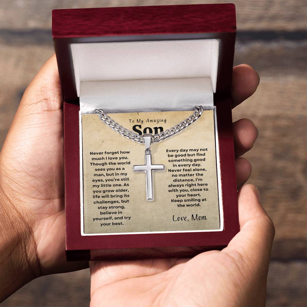 To My Amazing Son - Personalized Engraving Cuban Chain Cross Necklace