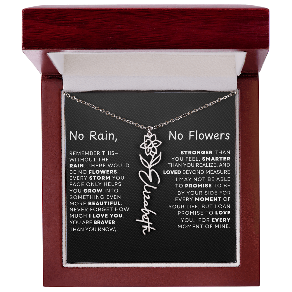 "No Rain, No Flowers" Birth Flower Name Necklace – Personalized Jewelry Gift