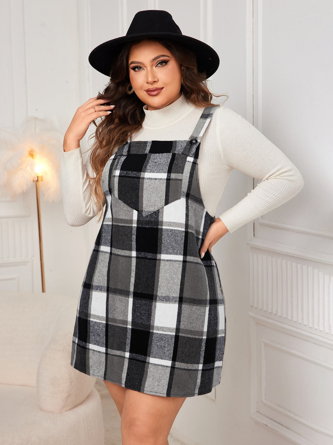 Honey Plus Size Plaid Wide Strap Overall Dress - Design Studios Direct