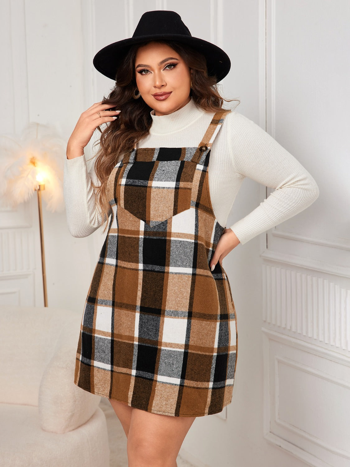 Honey Plus Size Plaid Wide Strap Overall Dress - Design Studios Direct