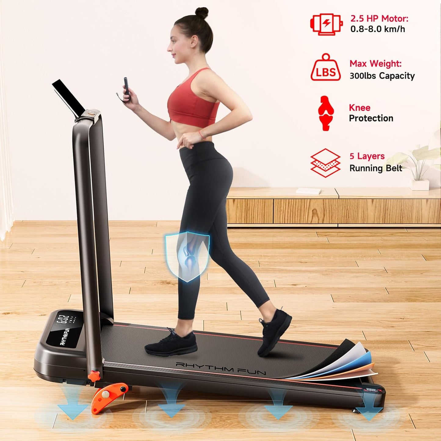 Incline Foldable Treadmill, Walking Pad with Handle Bar 3 Level Incline, 300 Lbs Portable Treadmill for Home Office, under Desk Compact Treadmill with LED Display Remote Control & APP - Design Studios Direct