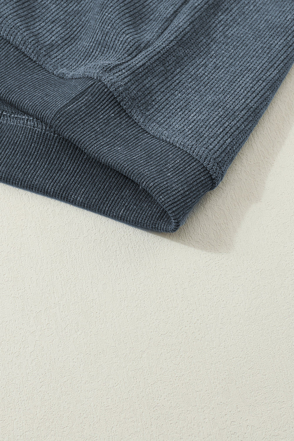 Blue Solid Ribbed Knit Round Neck Pullover Sweatshirt - Design Studios Direct