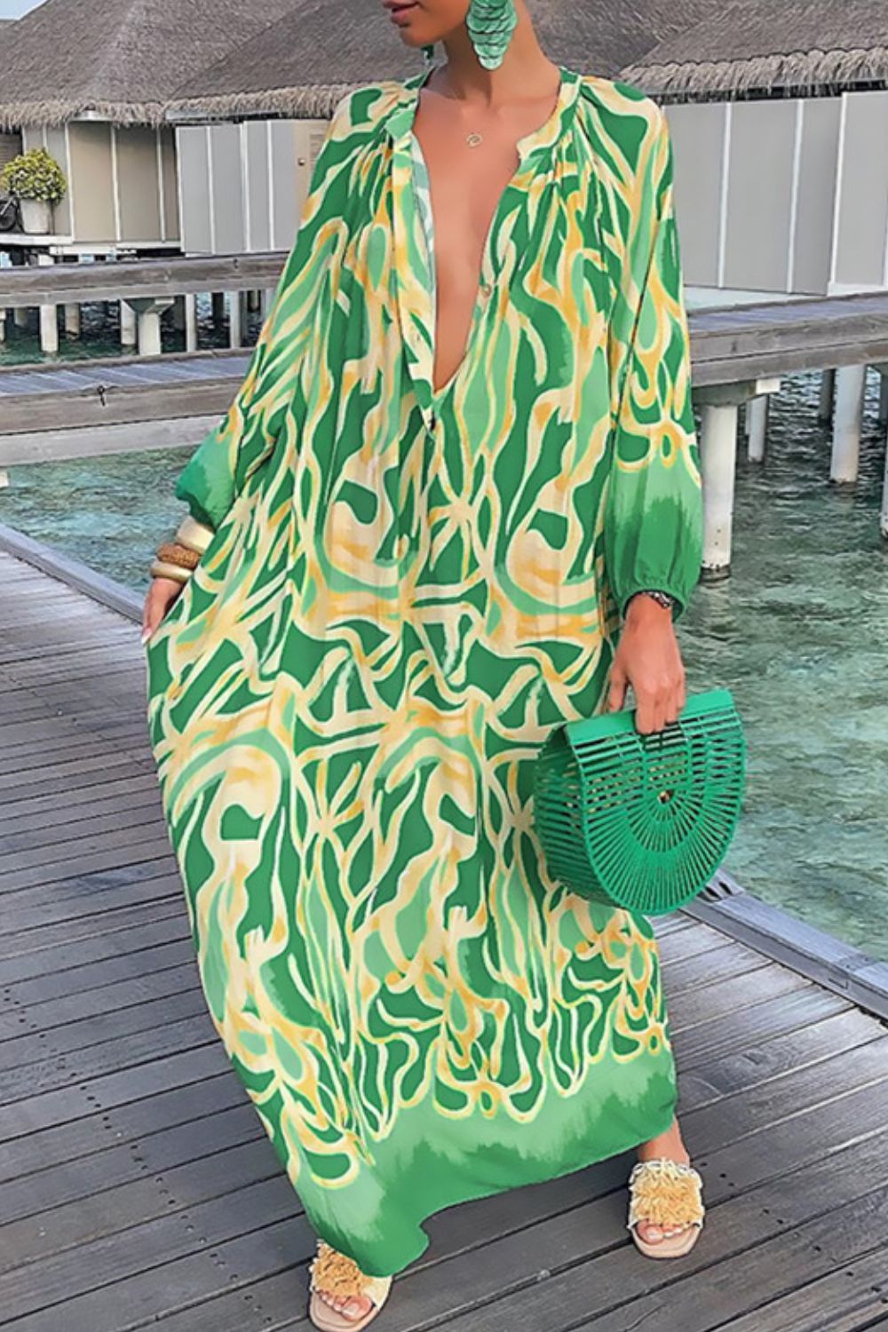 Abstract Print Buttoned Balloon Sleeve Dress - Design Studios Direct