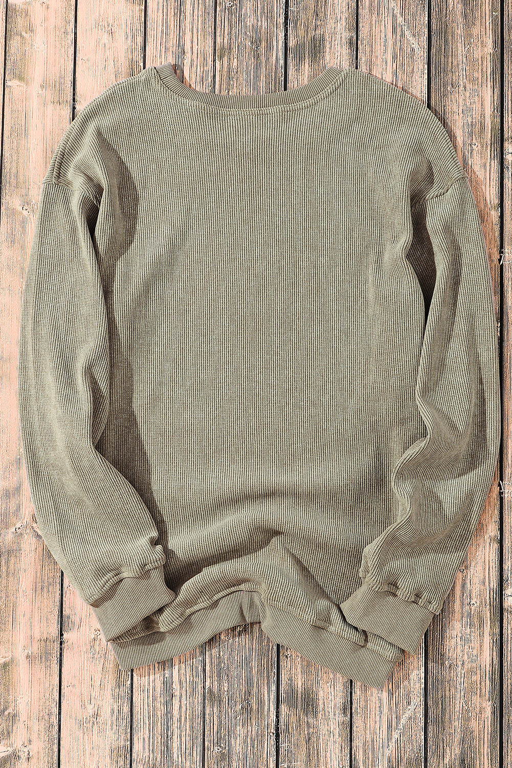Green Solid Ribbed Knit Round Neck Pullover Sweatshirt - Design Studios Direct