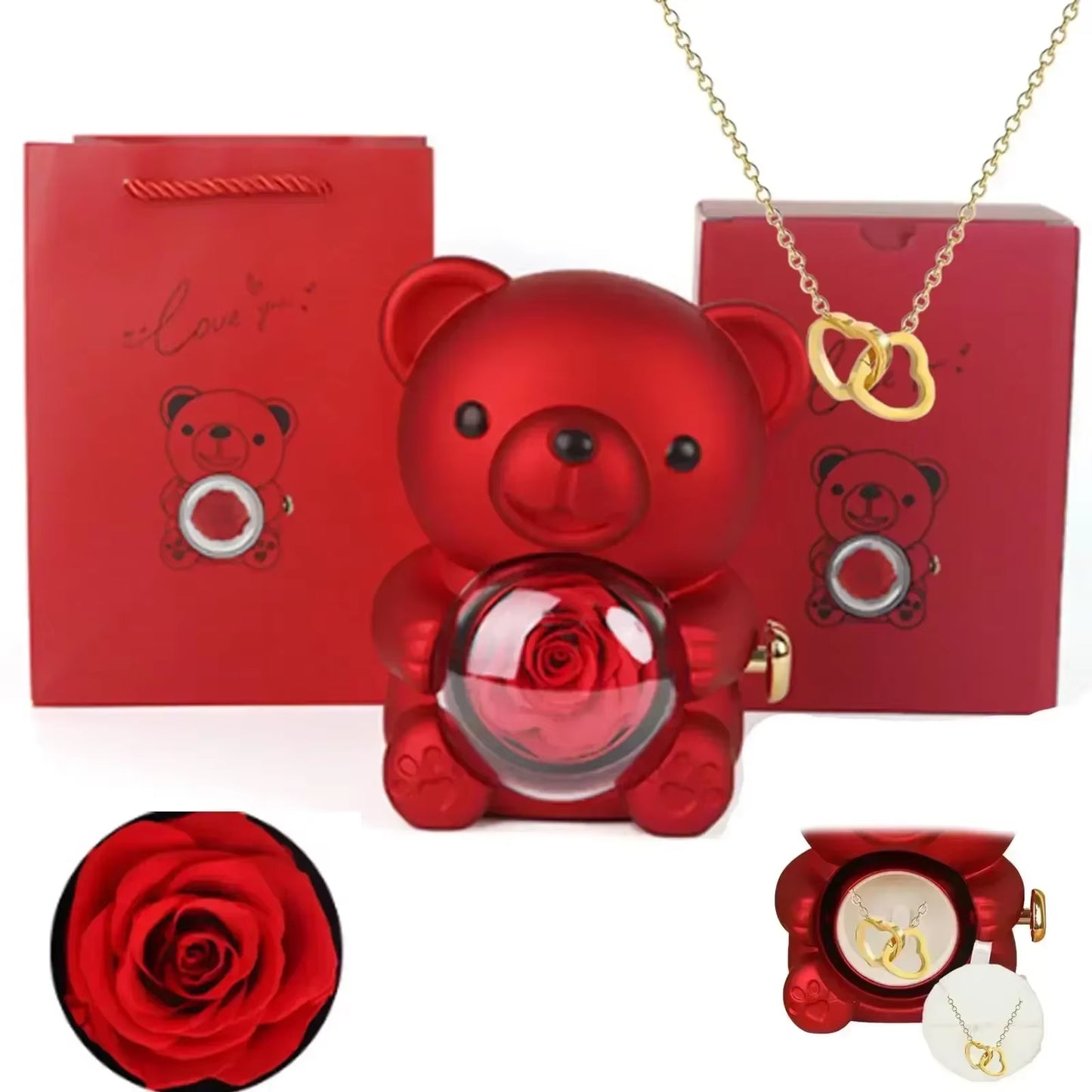 Eternal Rose Teddy Bear Gifts Box with Necklace Rotate Rose Jewelry Box Valentine Wedding Storage Gift Case for Women Girlfriend - Design Studios Direct