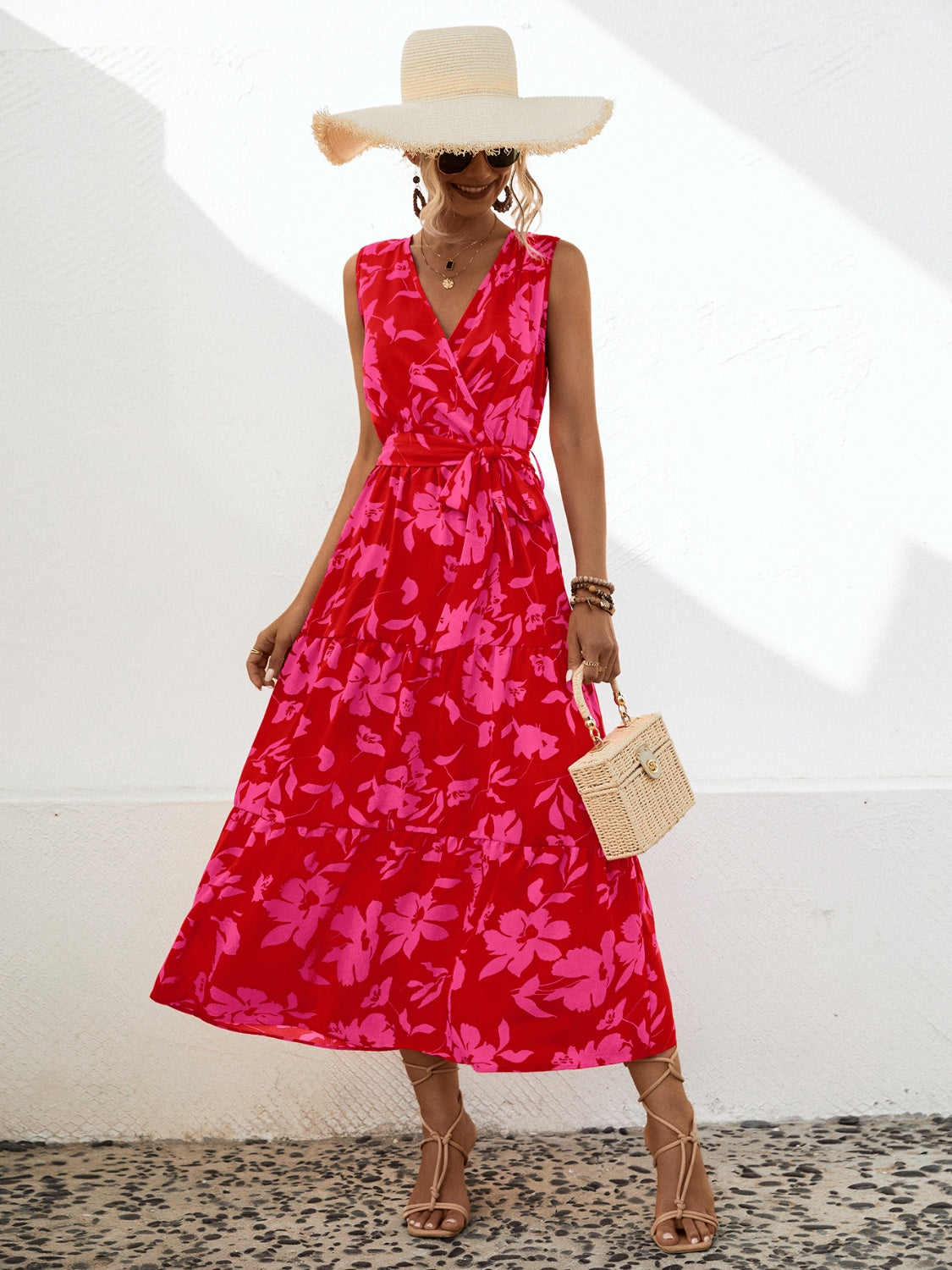 Tied Printed Surplice Tiered Dress - Design Studios Direct