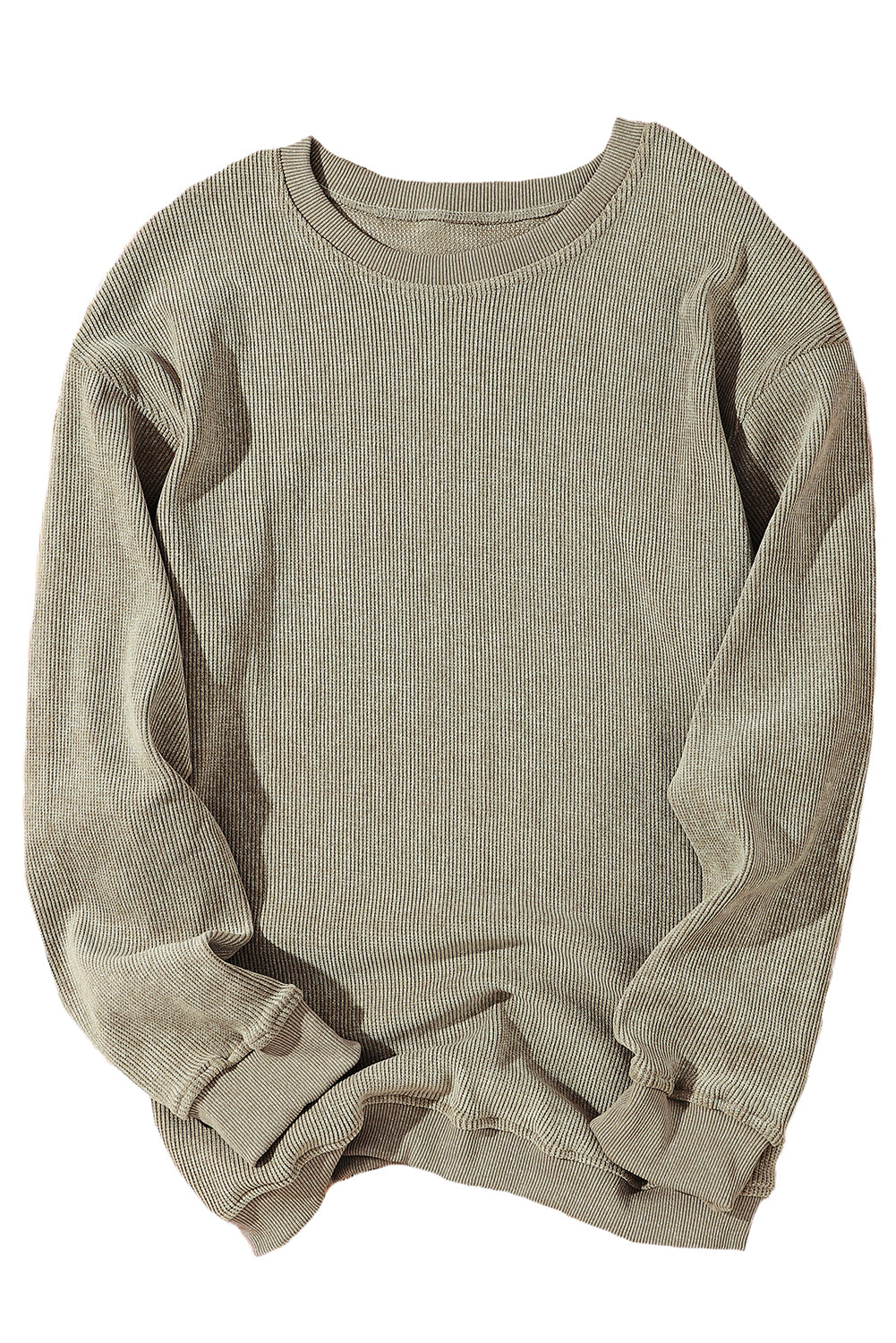 Green Solid Ribbed Knit Round Neck Pullover Sweatshirt - Design Studios Direct