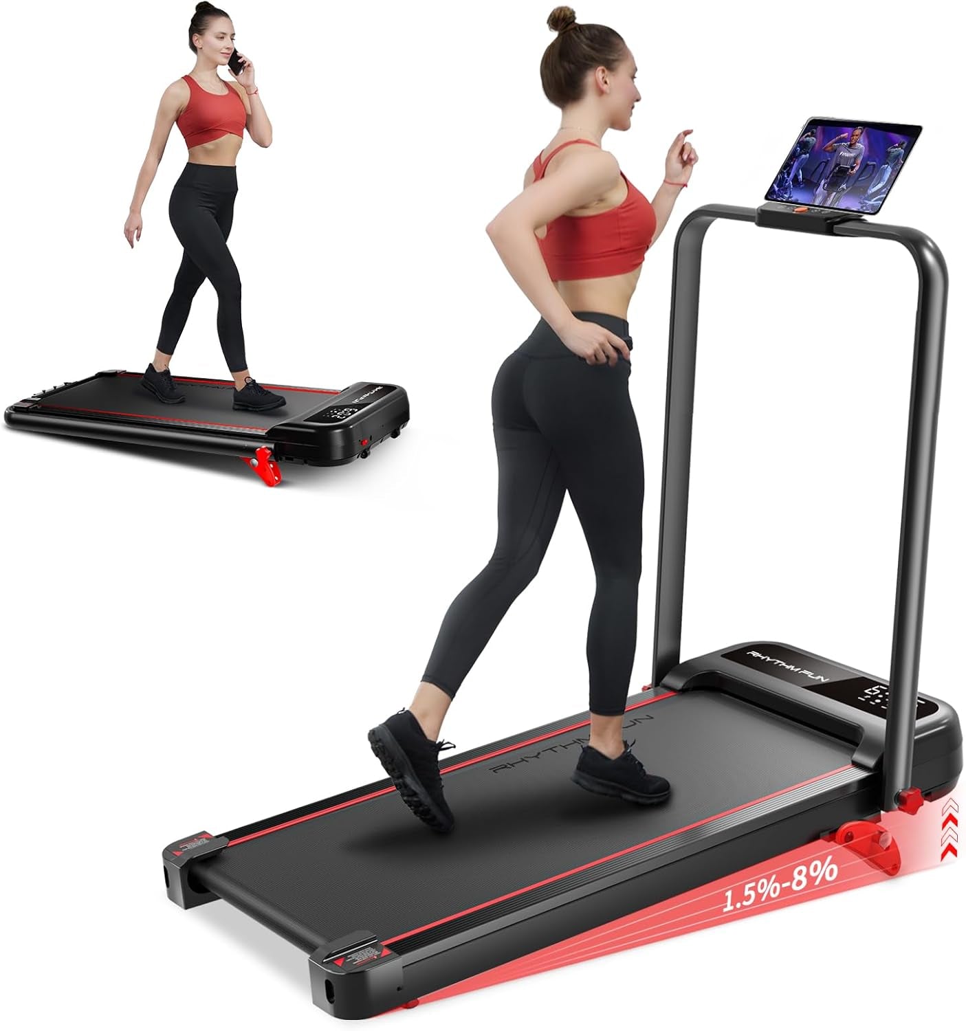 Incline Foldable Treadmill, Walking Pad with Handle Bar 3 Level Incline, 300 Lbs Portable Treadmill for Home Office, under Desk Compact Treadmill with LED Display Remote Control & APP - Design Studios Direct