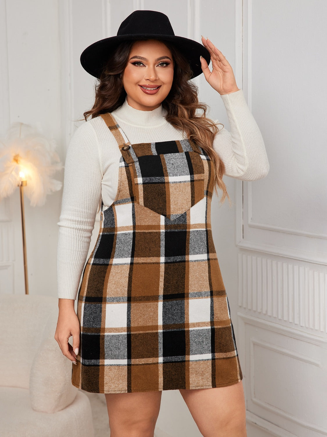 Honey Plus Size Plaid Wide Strap Overall Dress - Design Studios Direct
