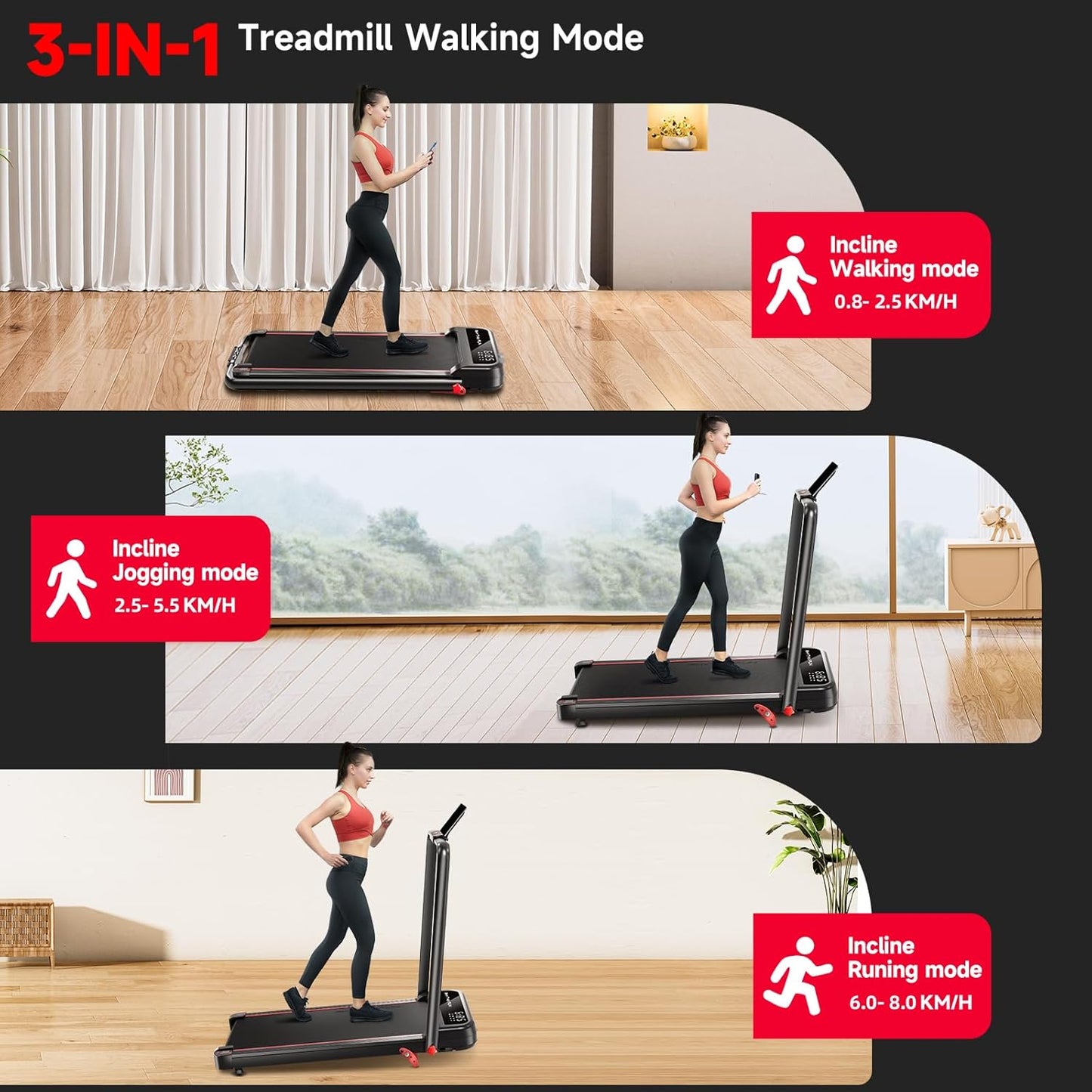 Incline Foldable Treadmill, Walking Pad with Handle Bar 3 Level Incline, 300 Lbs Portable Treadmill for Home Office, under Desk Compact Treadmill with LED Display Remote Control & APP - Design Studios Direct