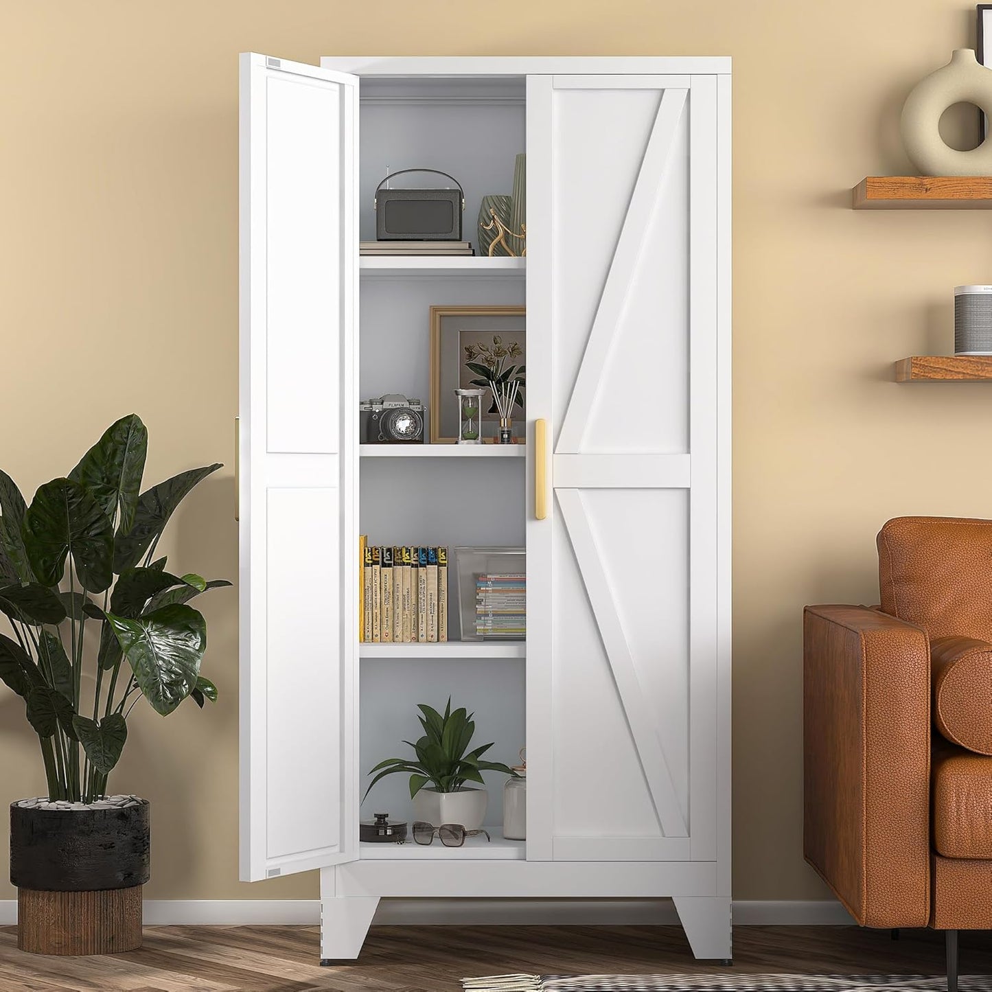 4 Tier Metal Farmhouse Storage Cabinet with 2 Barn Door, 3 Adjustable Shelves and Legs, for Dining Room, Kitchen,Pantry,Bathroom, Living Room, Office (White, 61" Farmhouse) - Design Studios Direct