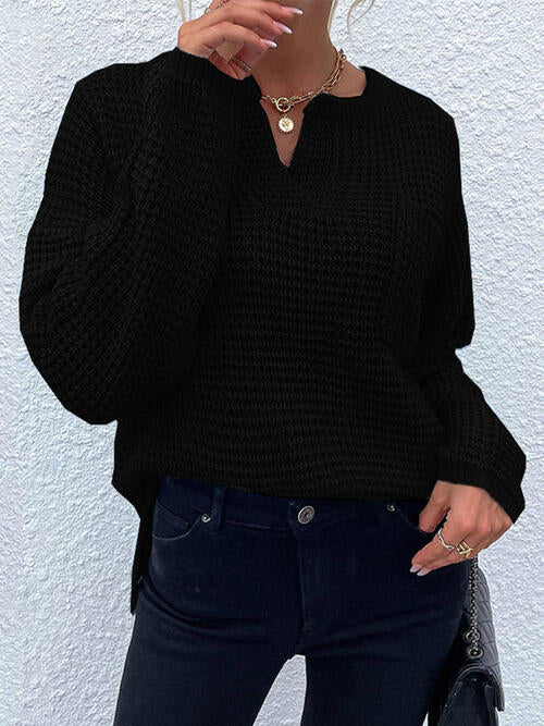 Notched Long Sleeve Sweater - Design Studios Direct
