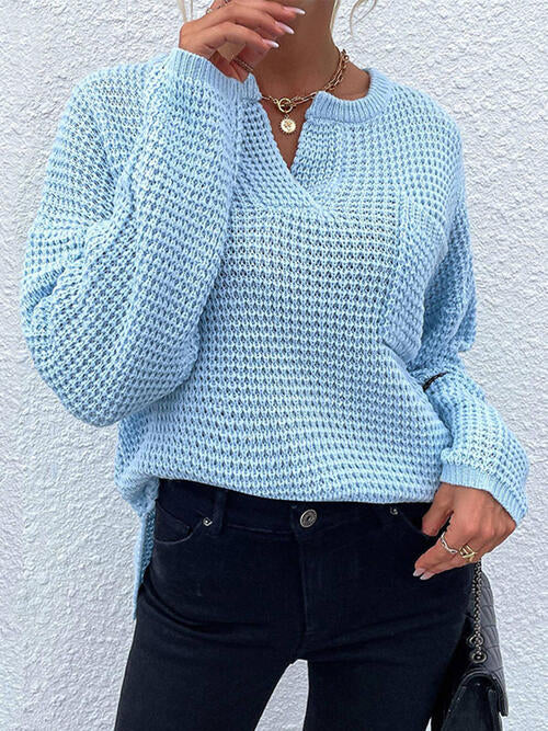 Notched Long Sleeve Sweater - Design Studios Direct