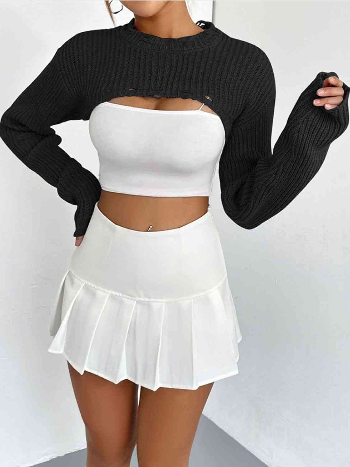 Distressed Long Sleeve Cropped Sweater - Design Studios Direct
