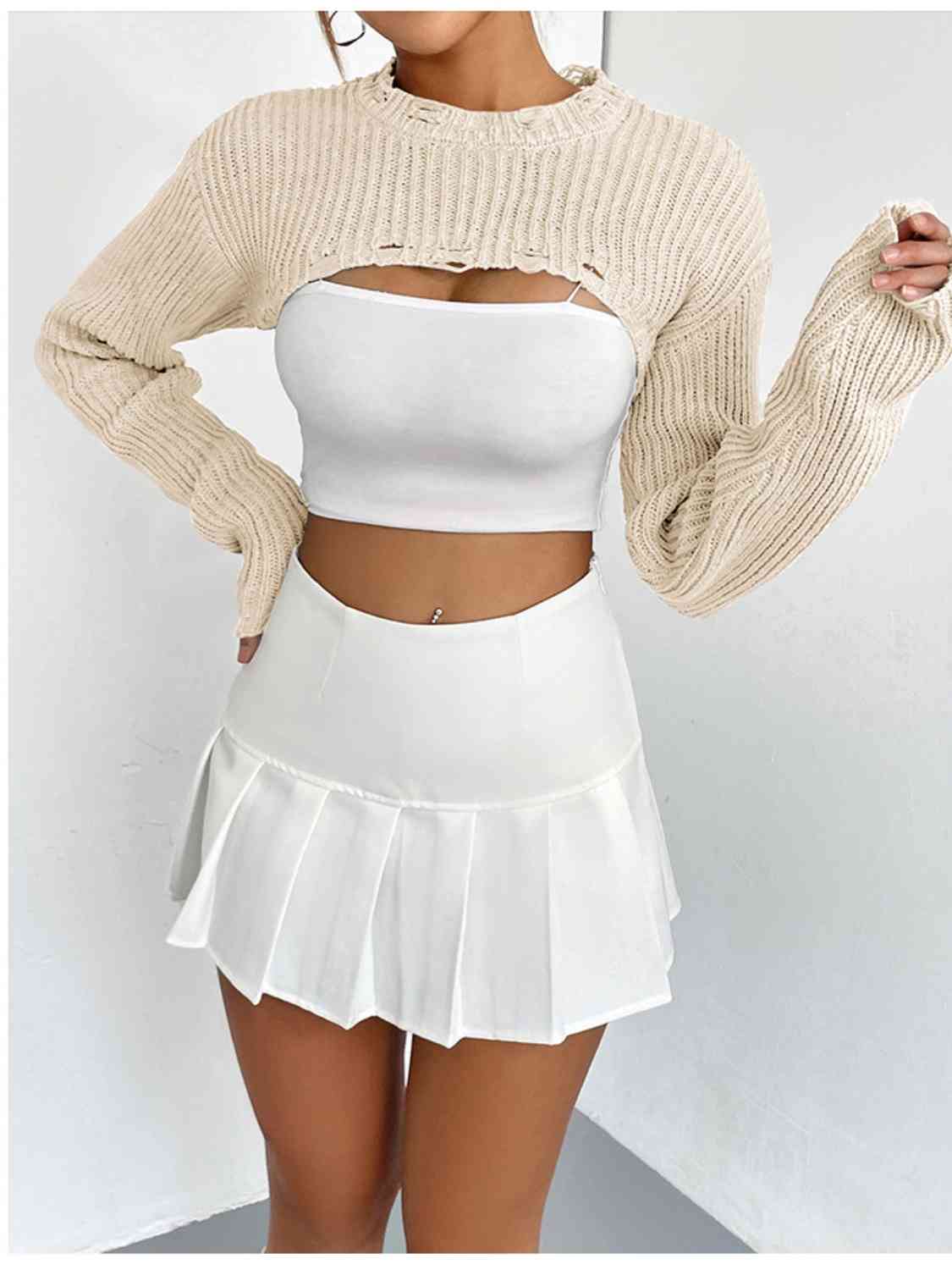 Distressed Long Sleeve Cropped Sweater - Design Studios Direct
